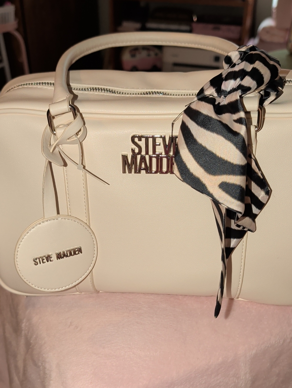 Steve Madden Cream Satchel with Zebra Scarf Accent
